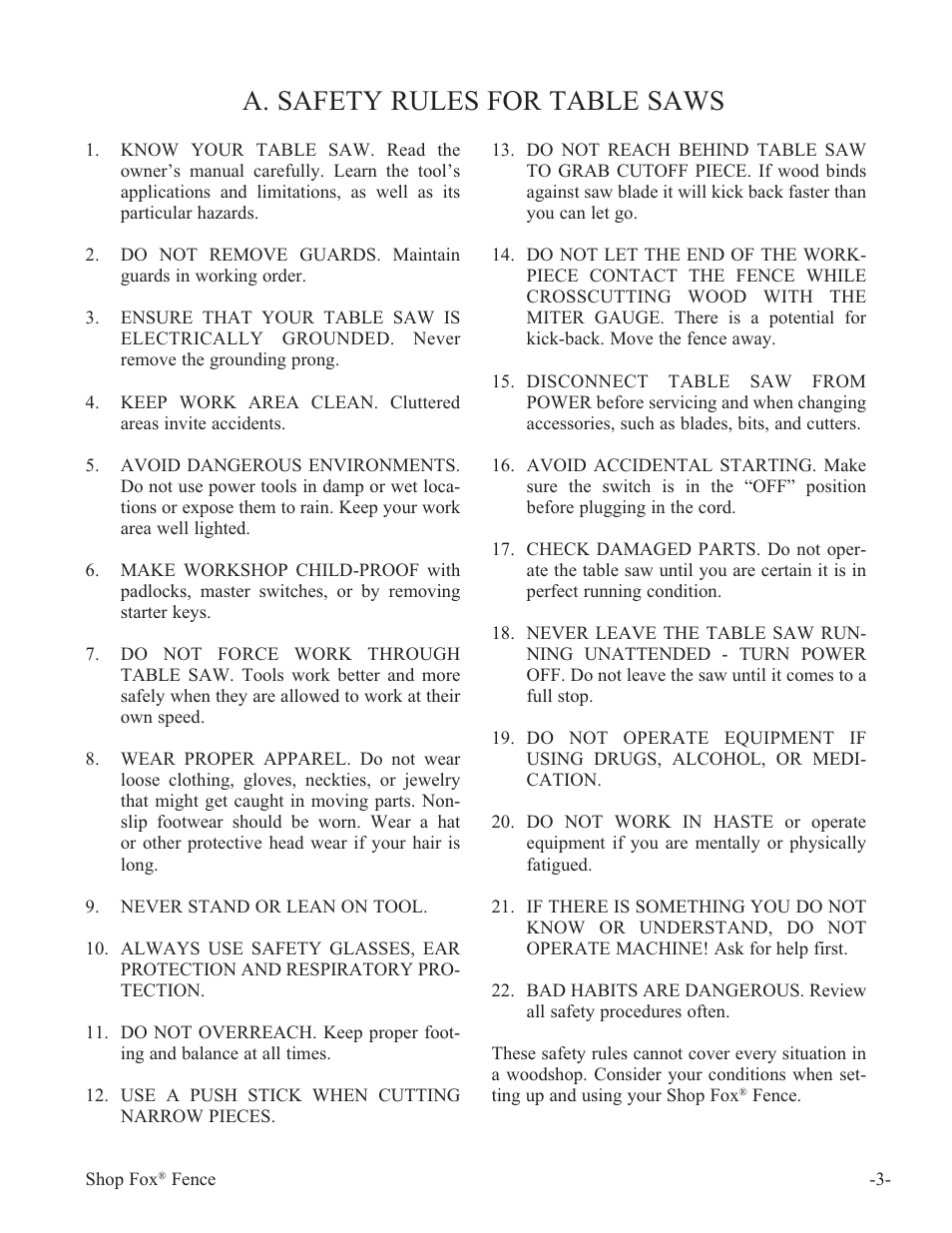 A. safety rules for table saws | Woodstock International Fox Fense W1410 User Manual | Page 4 / 29