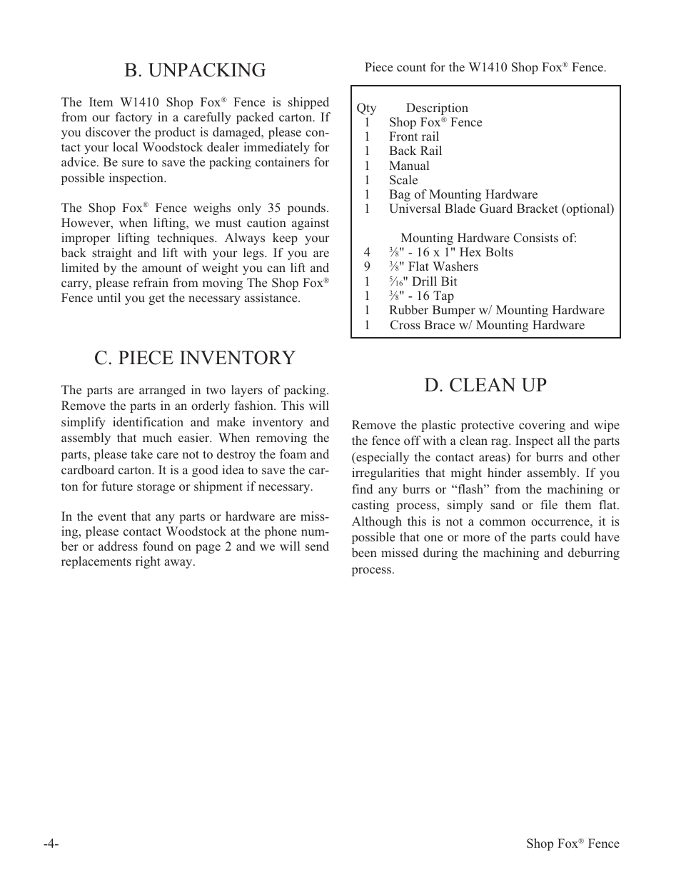 B. unpacking, D. clean up, C. piece inventory | Woodstock International Fox Fense W1410 User Manual | Page 5 / 29