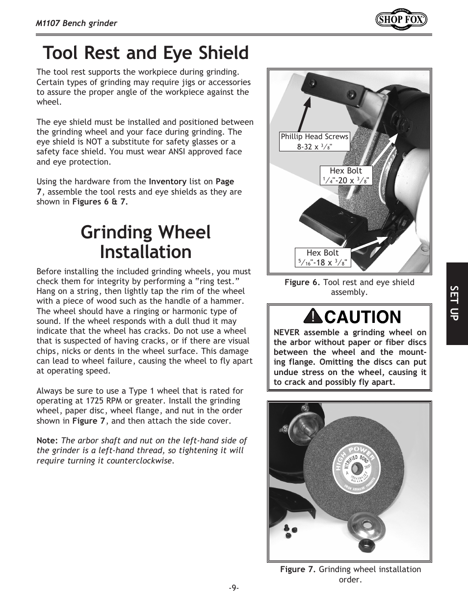 Tool rest and eye shield, Grinding wheel installation, Set up | Woodstock M1107 User Manual | Page 11 / 24