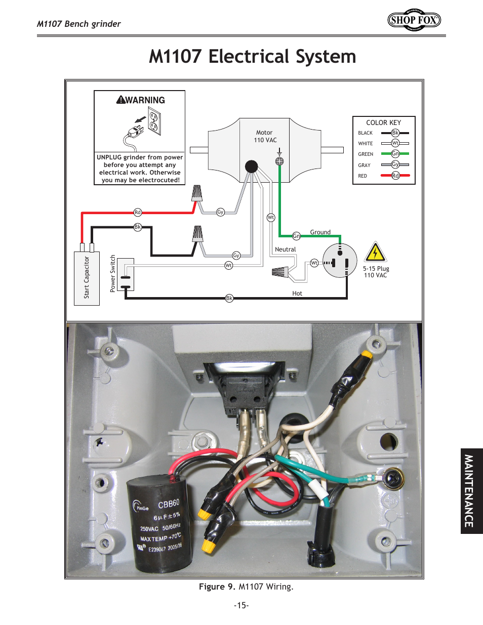 M1107 electrical system, Maintenance, M1107 bench grinder | Woodstock M1107 User Manual | Page 17 / 24