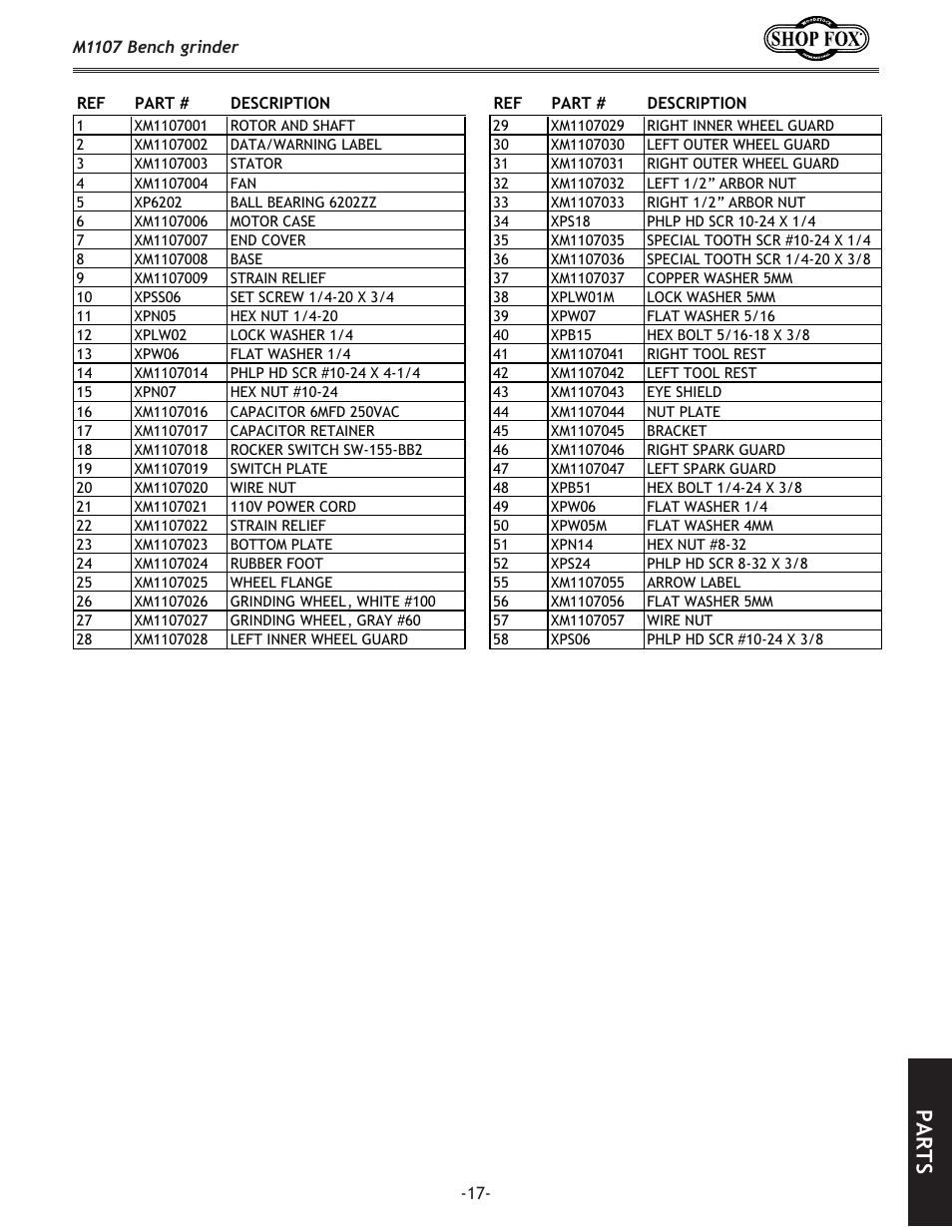 Parts | Woodstock M1107 User Manual | Page 19 / 24