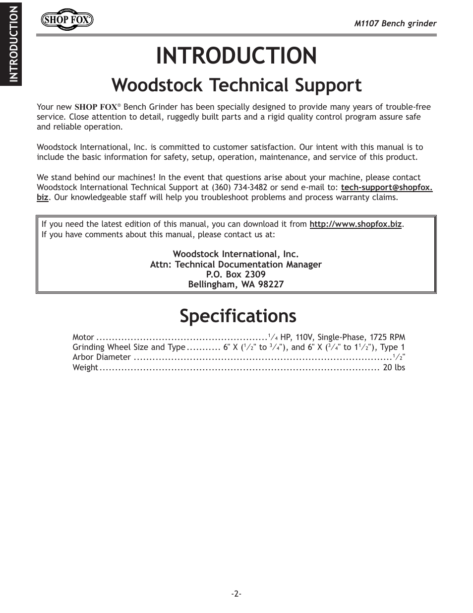 Woodstock technical support, Specifications, Introduction | Woodstock M1107 User Manual | Page 4 / 24