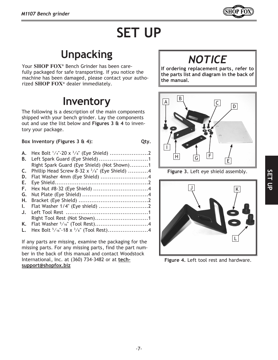 Unpacking, Notice, Inventory | Set up | Woodstock M1107 User Manual | Page 9 / 24