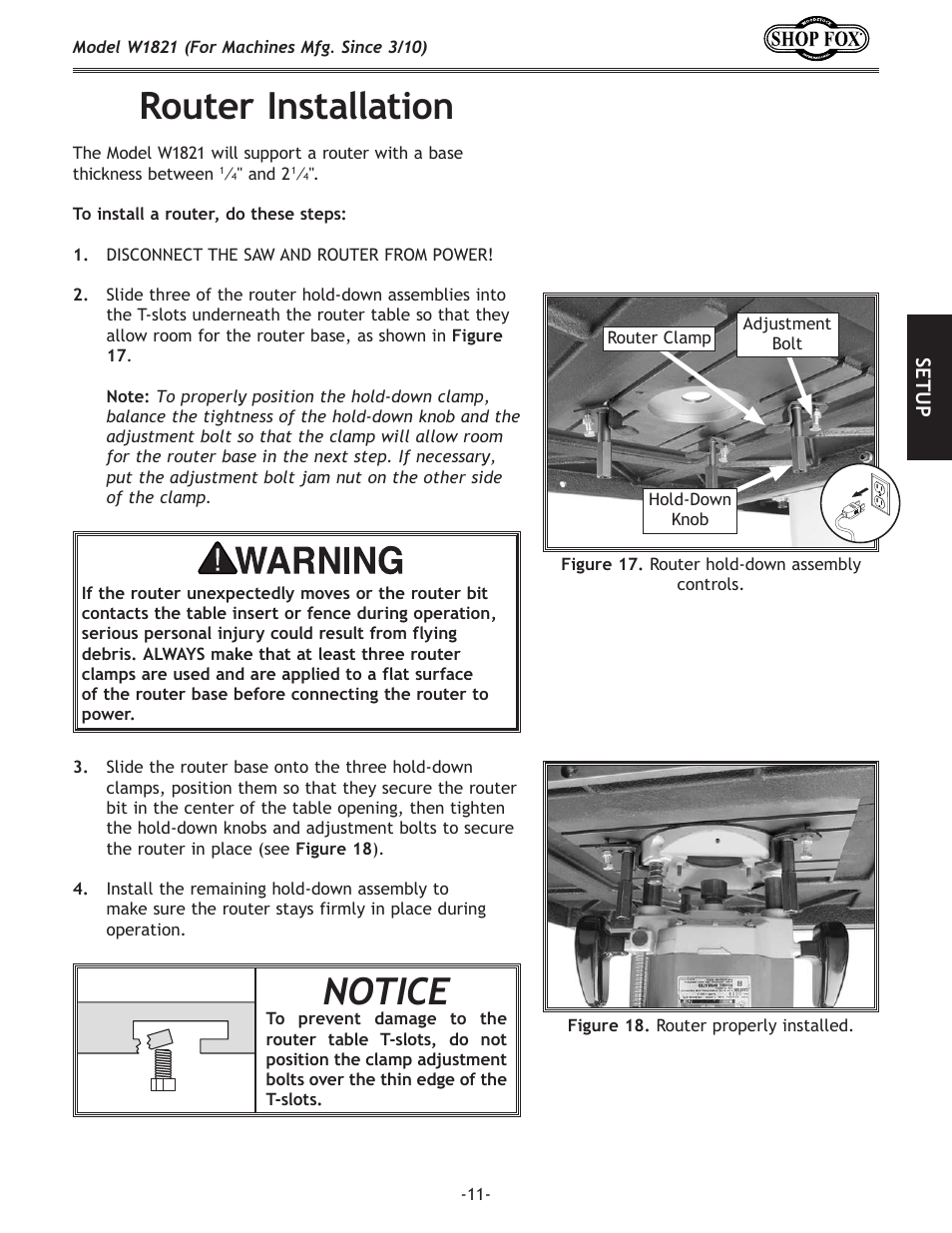 Router installation, Notice | Woodstock SHOP FOX W1821 User Manual | Page 13 / 28