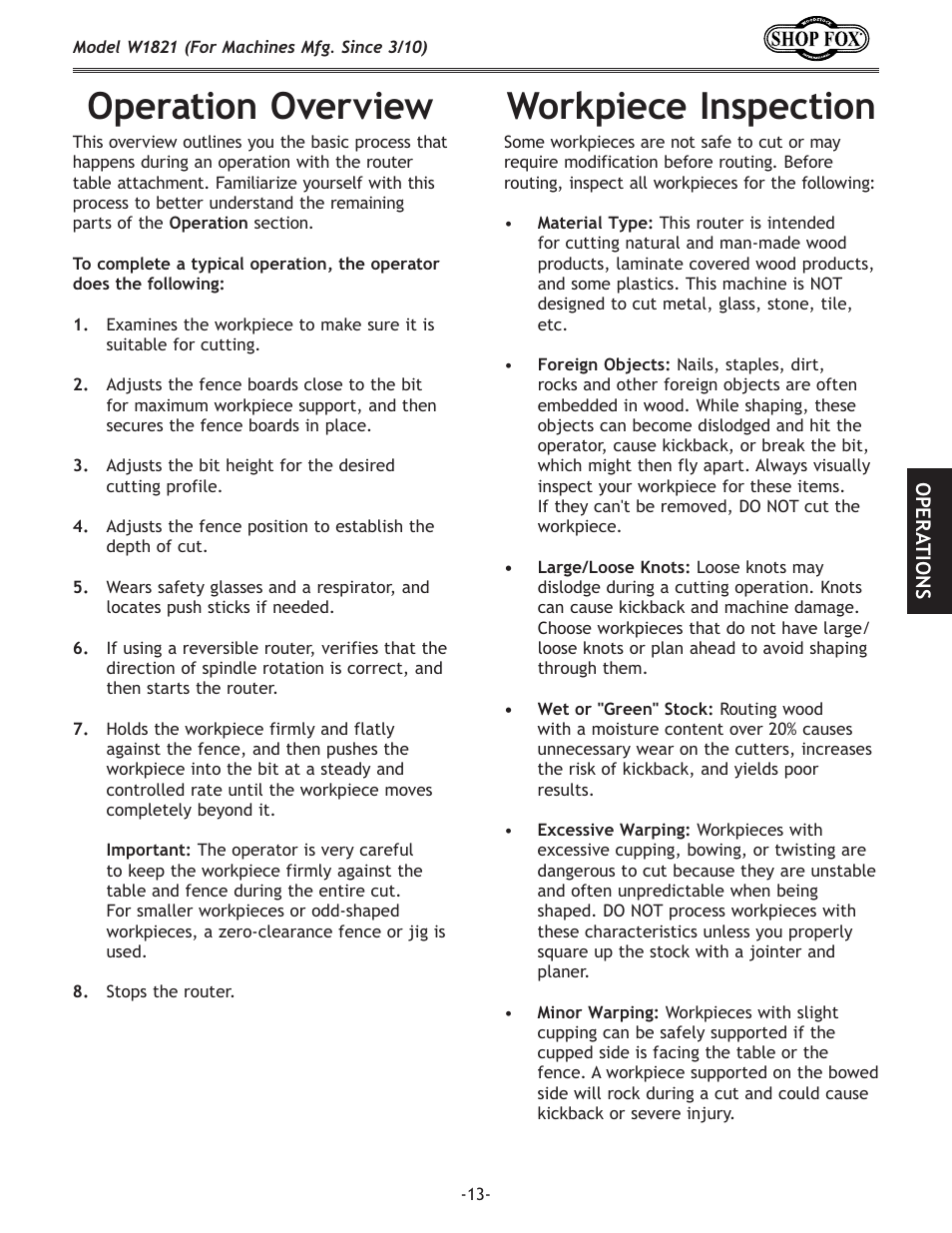 Operation overview workpiece inspection | Woodstock SHOP FOX W1821 User Manual | Page 15 / 28
