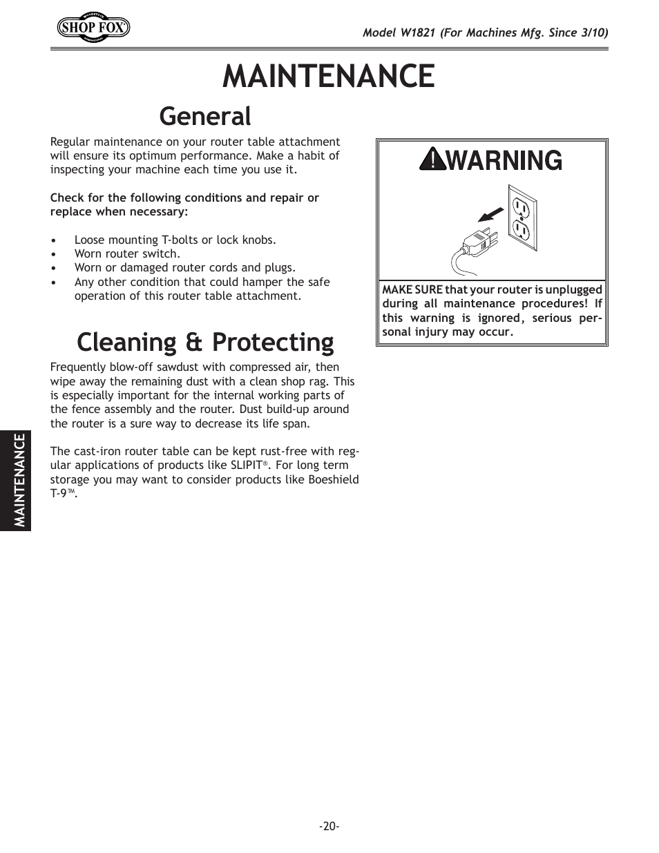 Maintenance, Cleaning & protecting, General | Woodstock SHOP FOX W1821 User Manual | Page 22 / 28