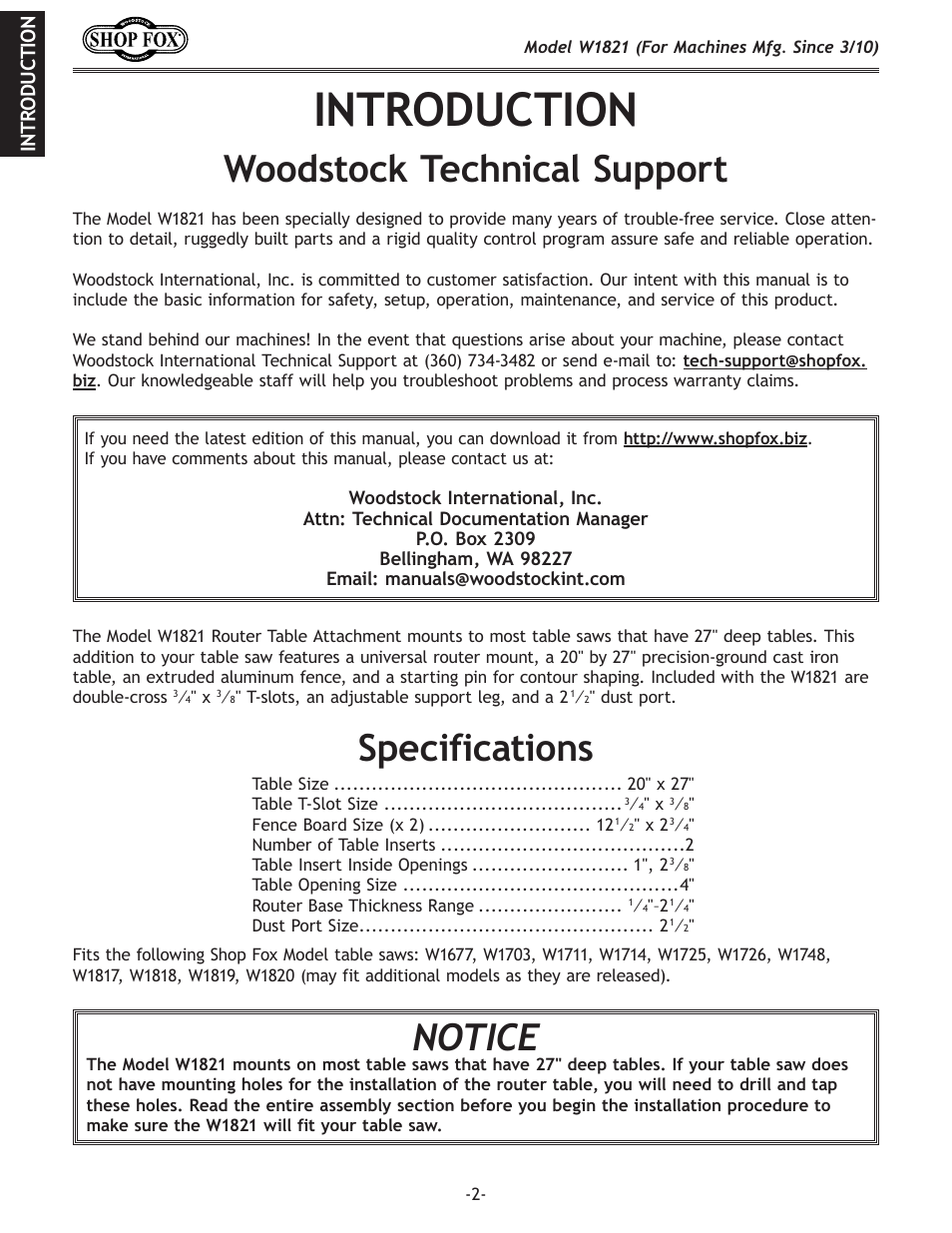 Introduction, Woodstock technical support, Specifications | Notice | Woodstock SHOP FOX W1821 User Manual | Page 4 / 28