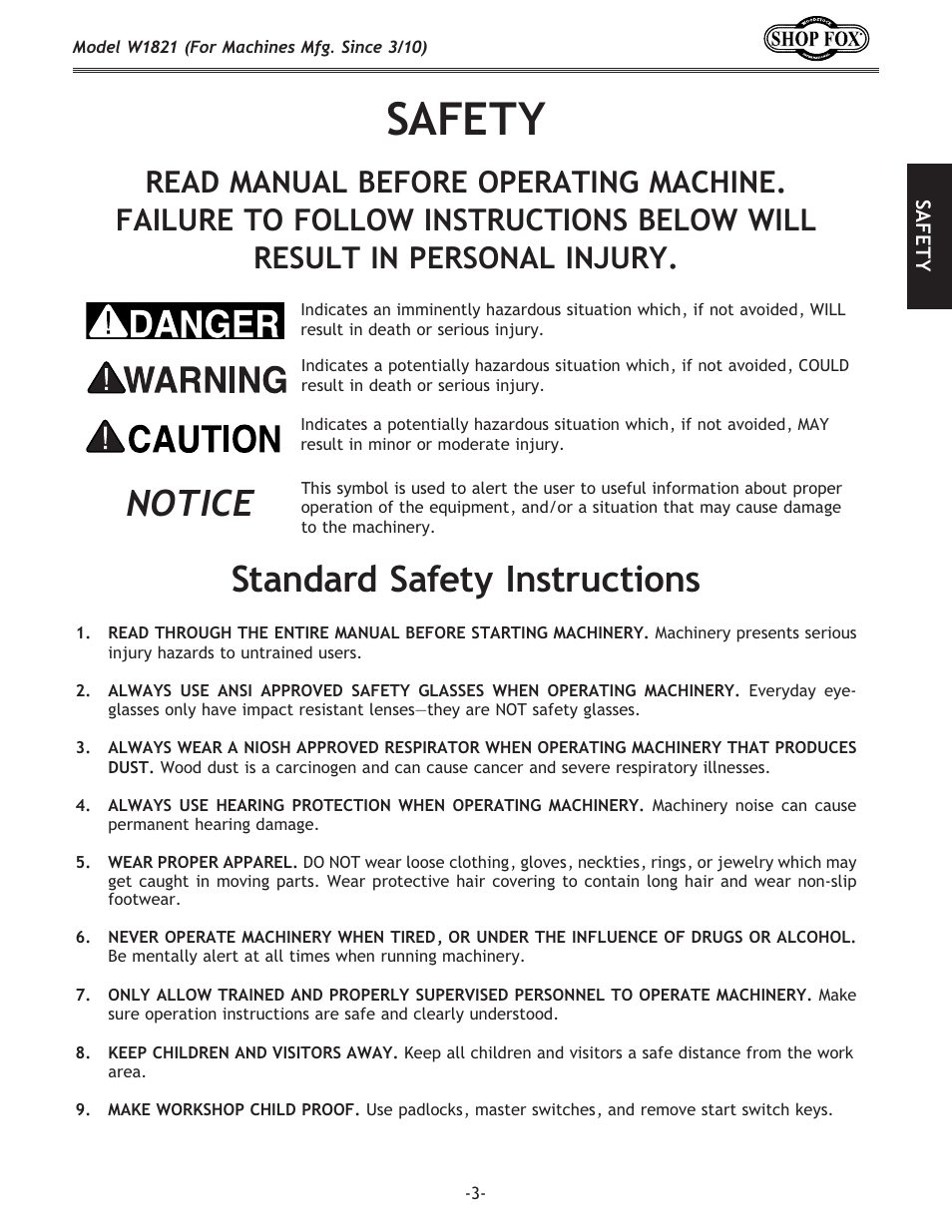 Safety, Standard machinery safety, Standard safety instructions | Notice | Woodstock SHOP FOX W1821 User Manual | Page 5 / 28