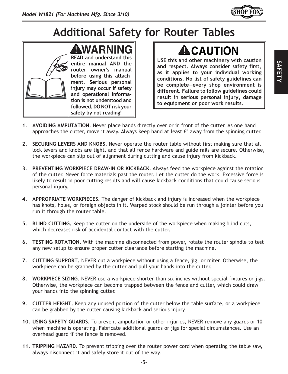 Additional safety for router tables | Woodstock SHOP FOX W1821 User Manual | Page 7 / 28