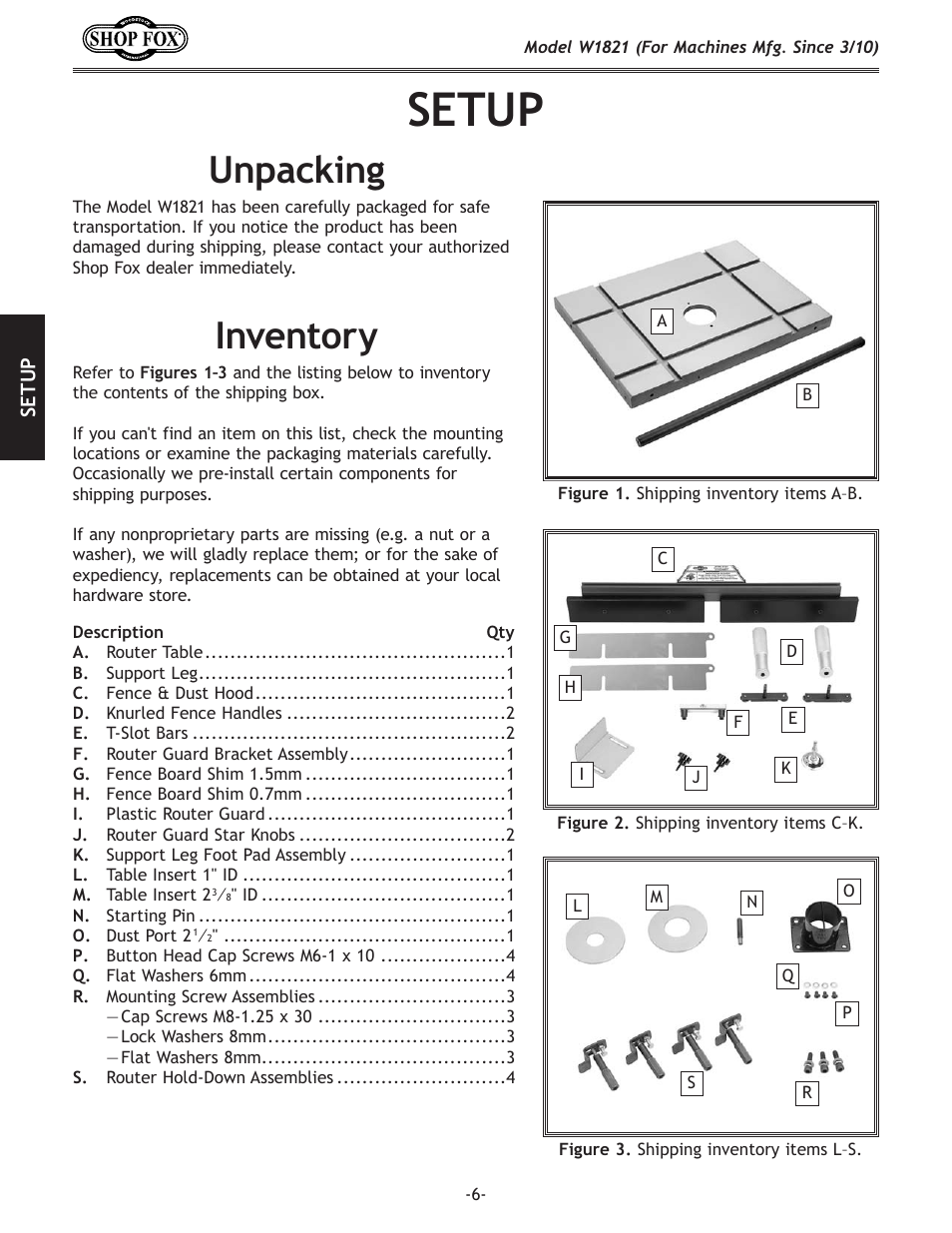 Setup, Unpacking, Inventory | Woodstock SHOP FOX W1821 User Manual | Page 8 / 28