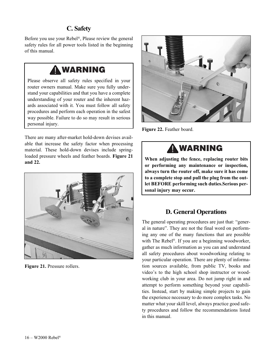 D. general operations, C. safety | Woodstock W2000 User Manual | Page 17 / 25