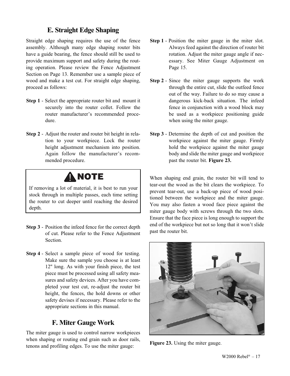 E. straight edge shaping, F. miter gauge work | Woodstock W2000 User Manual | Page 18 / 25