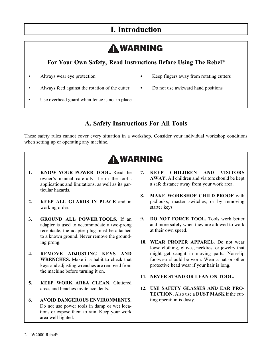 I. introduction, A. safety instructions for all tools | Woodstock W2000 User Manual | Page 3 / 25