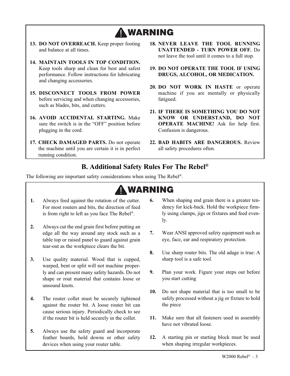 B. additional safety rules for the rebel | Woodstock W2000 User Manual | Page 4 / 25