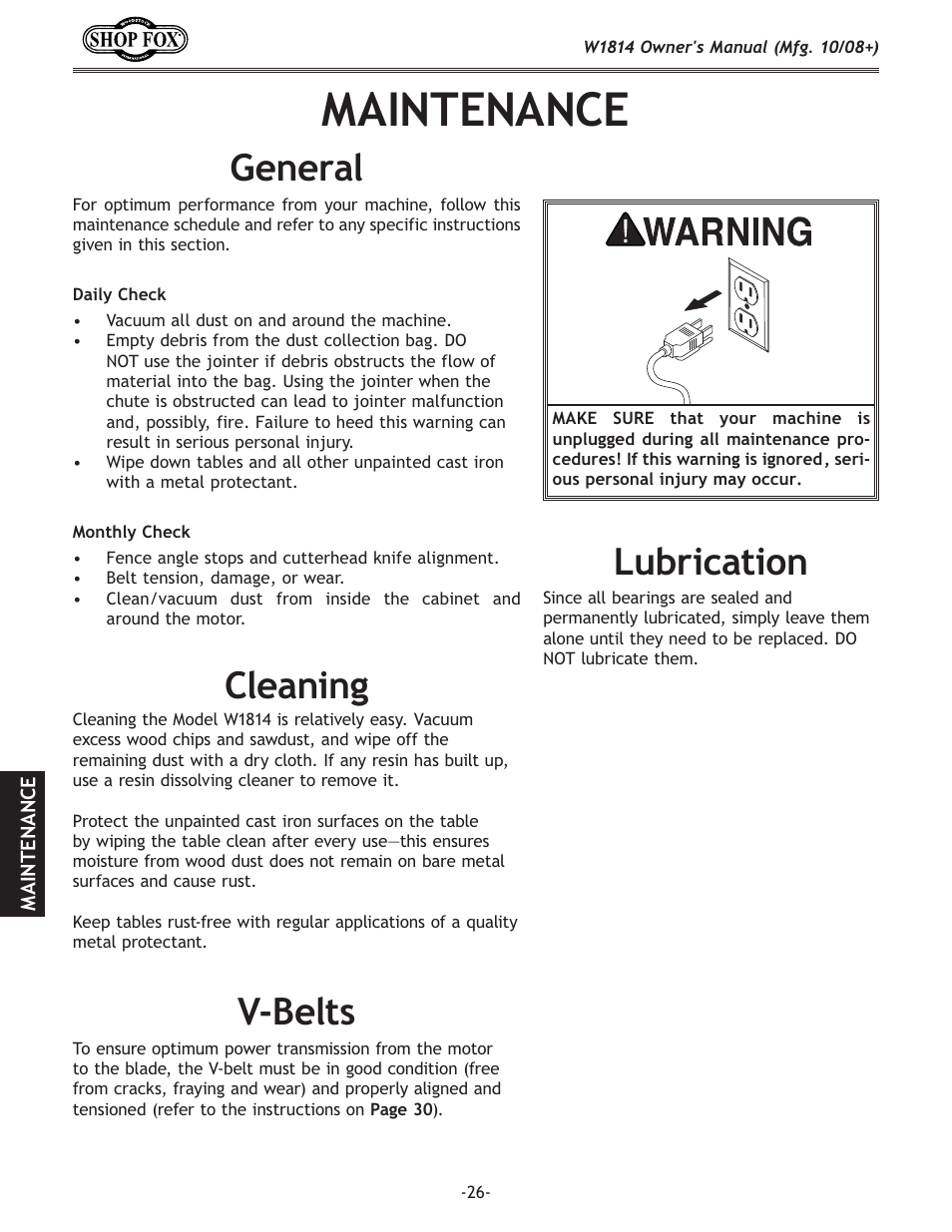 D8@ek<e8e, M$9\ckj, C\xe`e | E\ixc, Clyi`zxk`fe | Woodstock W1814 User Manual | Page 28 / 44