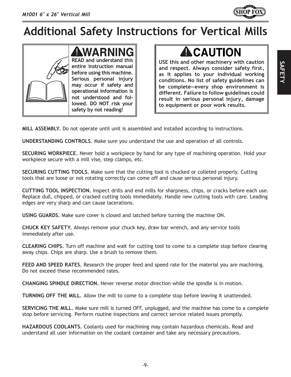 Additional safety instructions for vertical mills | Woodstock SHOP FOX M1001 User Manual | Page 11 / 44