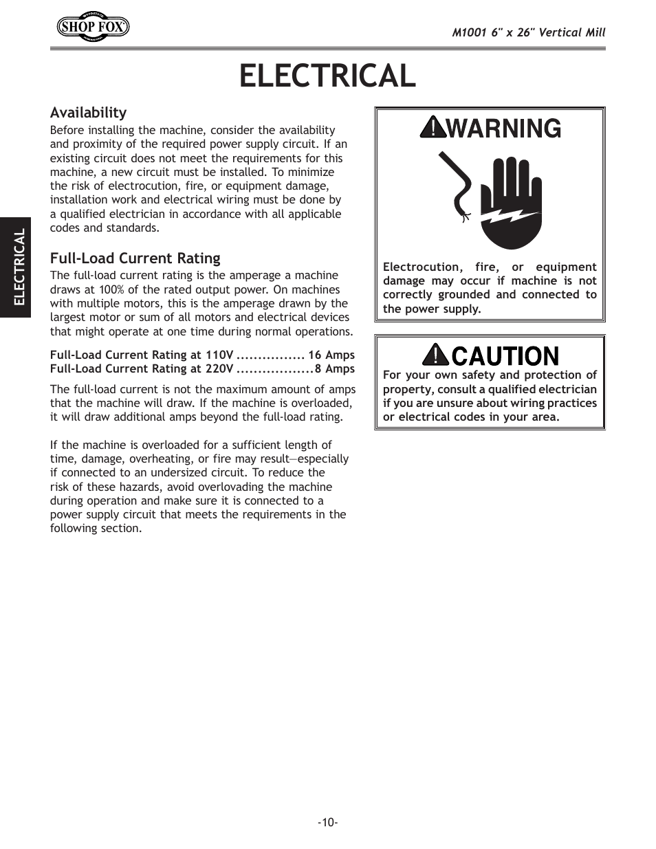 Electrical | Woodstock SHOP FOX M1001 User Manual | Page 12 / 44