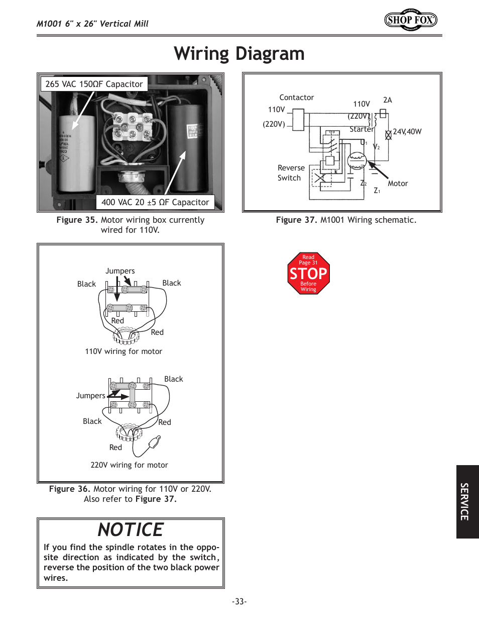 Wiring diagram, Notice, Stop | Se rv ic e | Woodstock SHOP FOX M1001 User Manual | Page 35 / 44