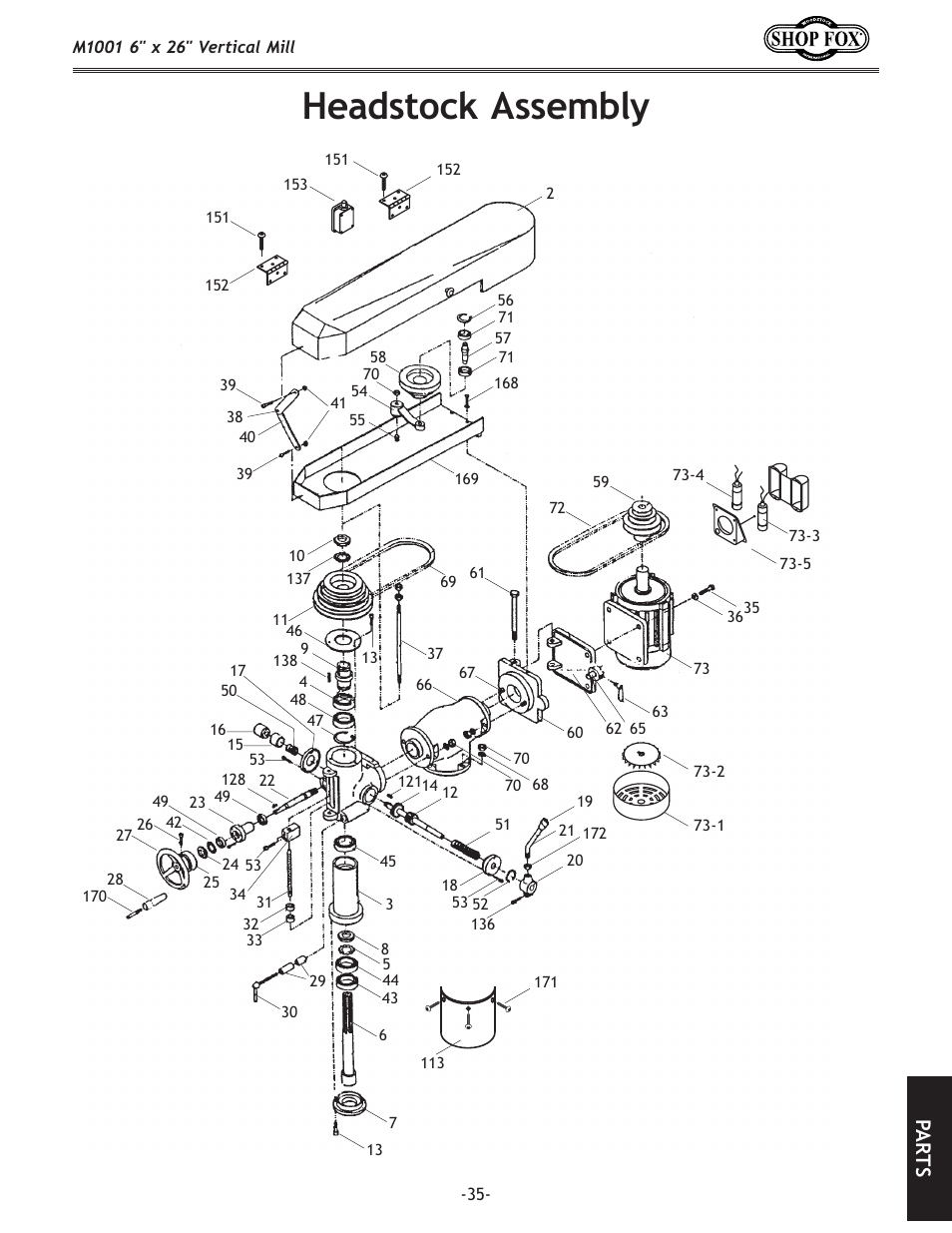 Headstock assembly, Pa rt s | Woodstock SHOP FOX M1001 User Manual | Page 37 / 44