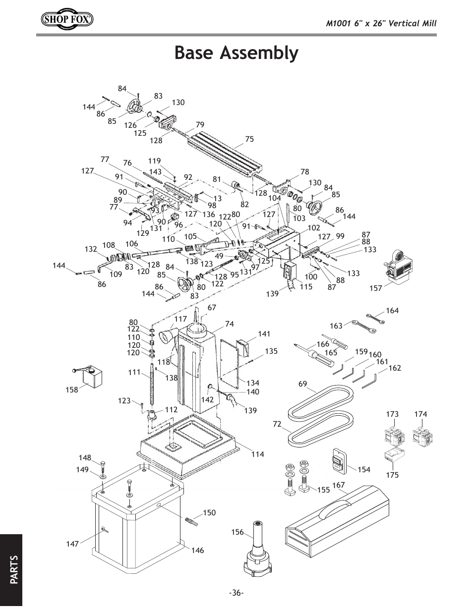 Base assembly, Pa rt s | Woodstock SHOP FOX M1001 User Manual | Page 38 / 44