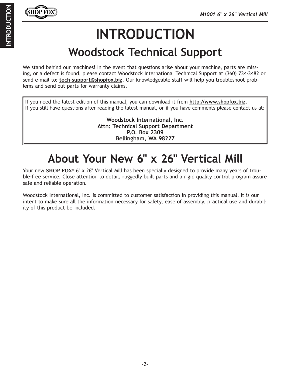 Introduction, Woodstock technical support, About your new 6" x 26" vertical mill | Woodstock SHOP FOX M1001 User Manual | Page 4 / 44