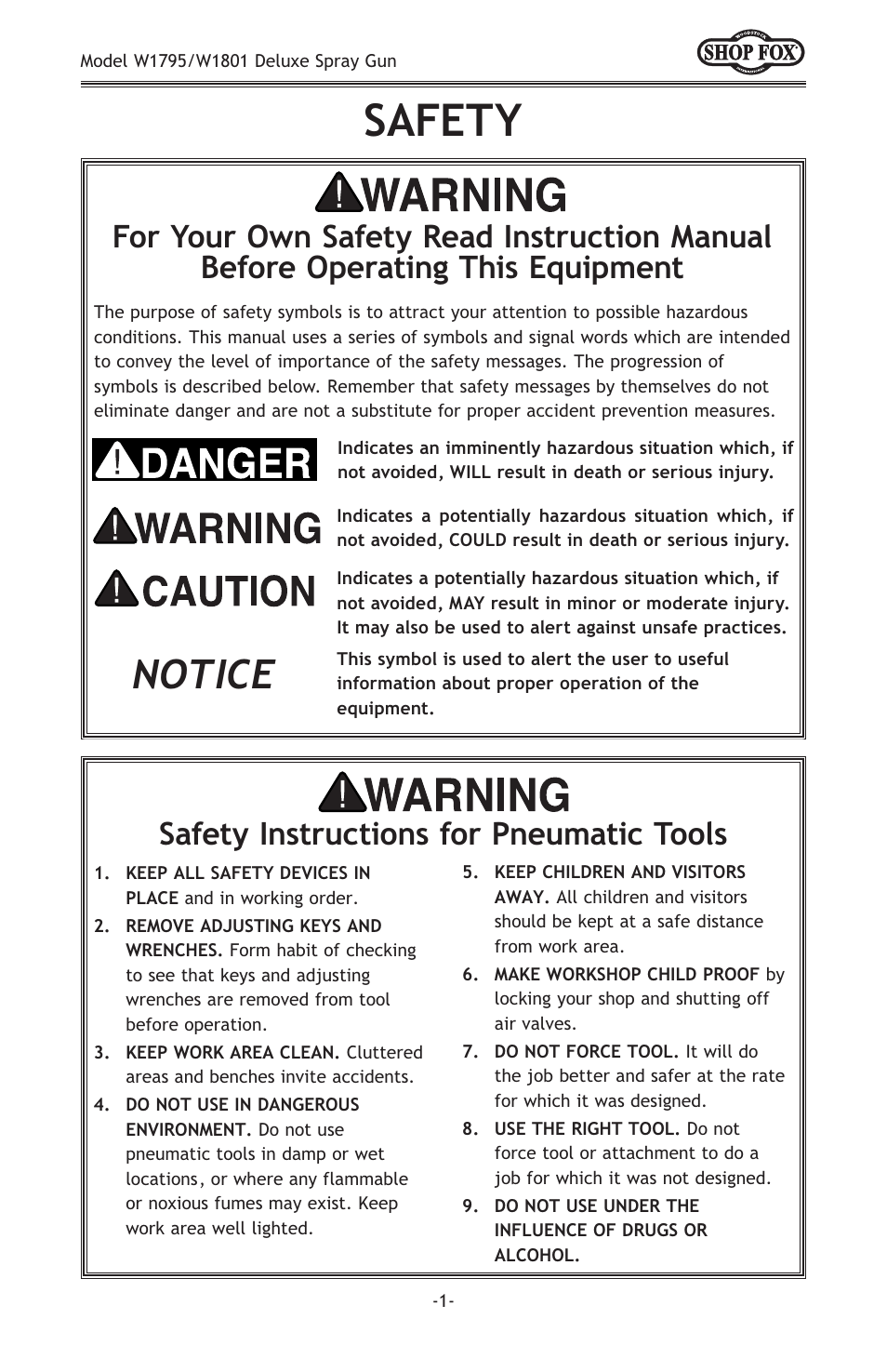 Safety, Notice, Safety instructions for pneumatic tools | Woodstock W1801 User Manual | Page 3 / 20