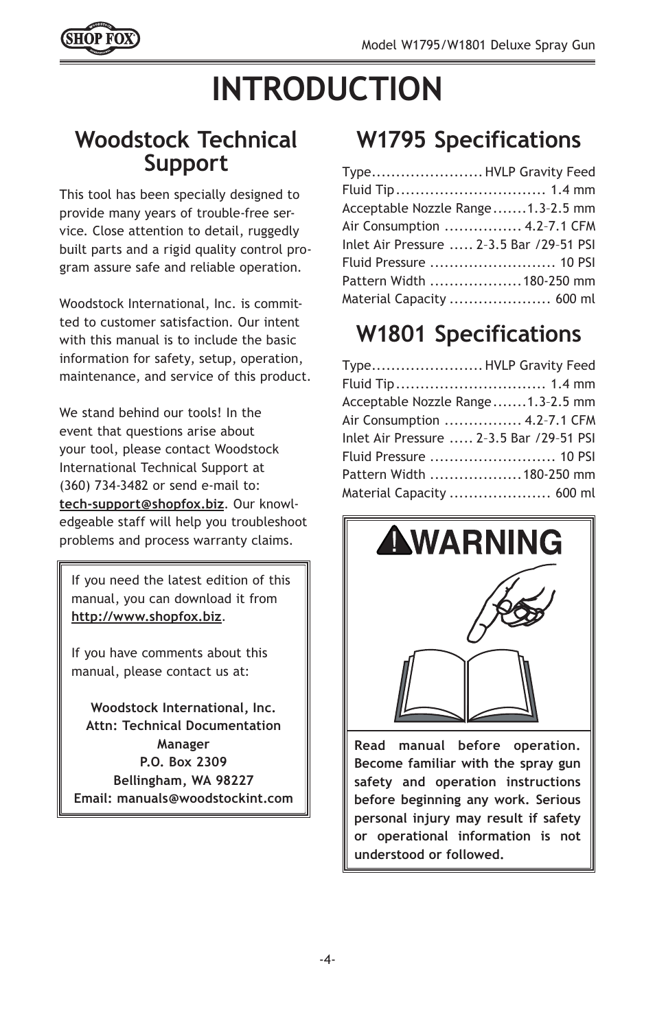 Introduction, Woodstock technical support w1795 specifications, W1801 specifications | Woodstock W1801 User Manual | Page 6 / 20