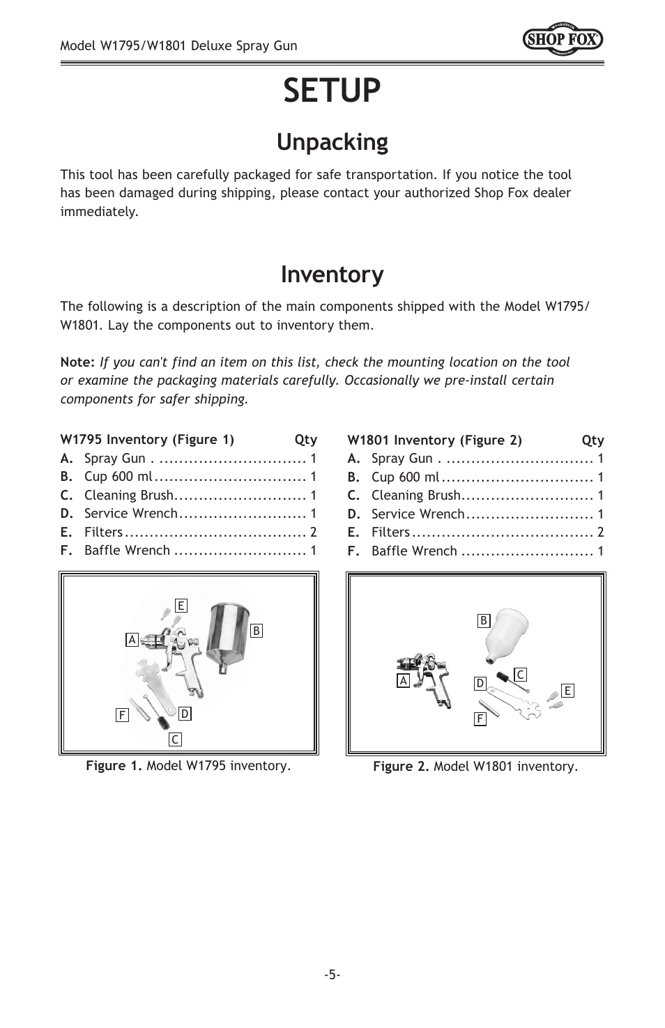 Setup, Inventory, Unpacking | Woodstock W1801 User Manual | Page 7 / 20