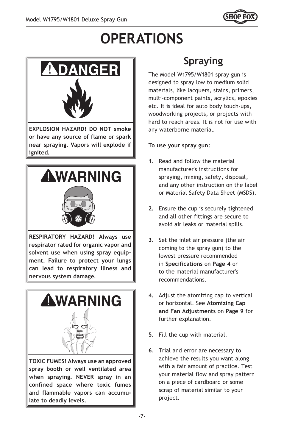 Operations, Spraying | Woodstock W1801 User Manual | Page 9 / 20