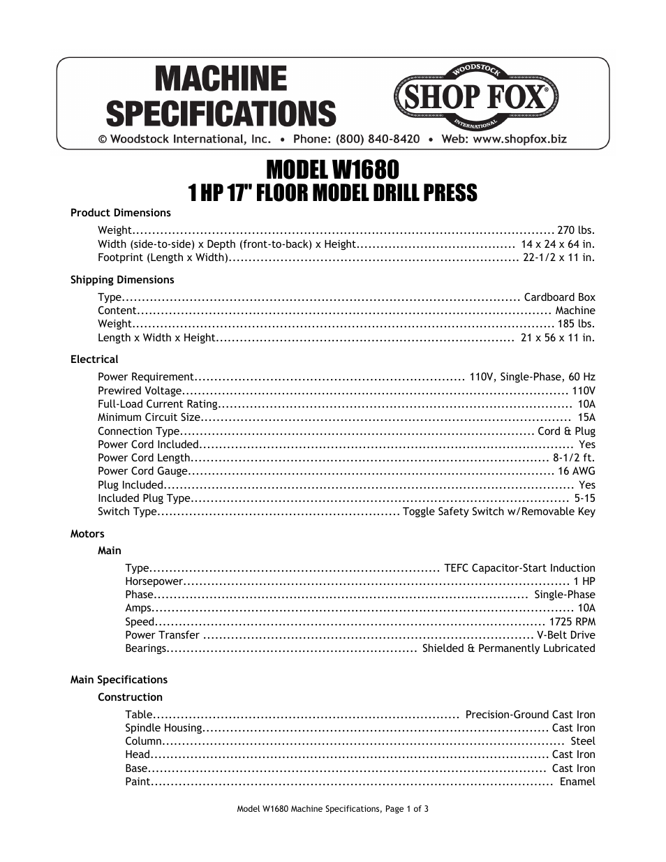 Woodstock W1680 User Manual | 3 pages