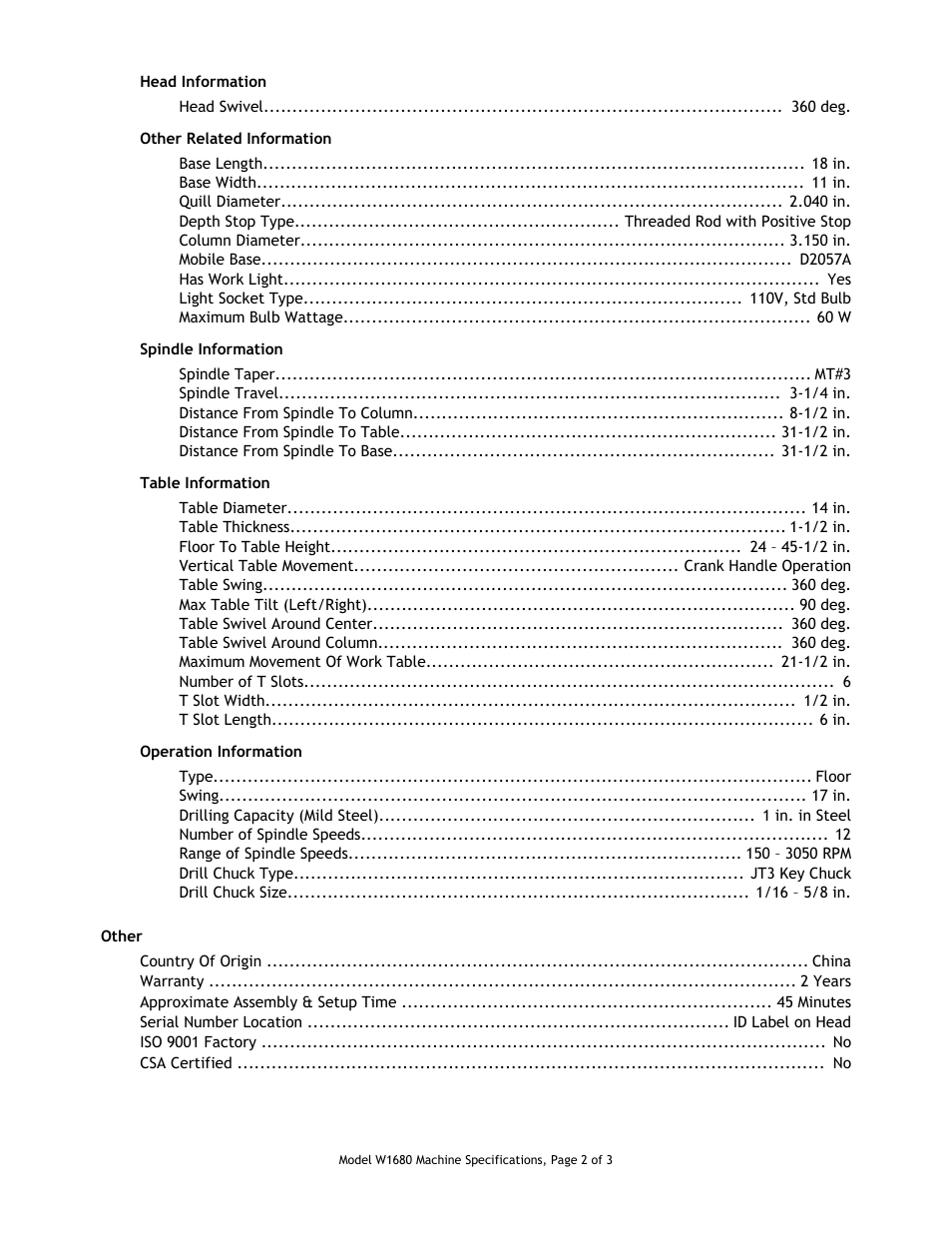 Other specifications | Woodstock W1680 User Manual | Page 2 / 3