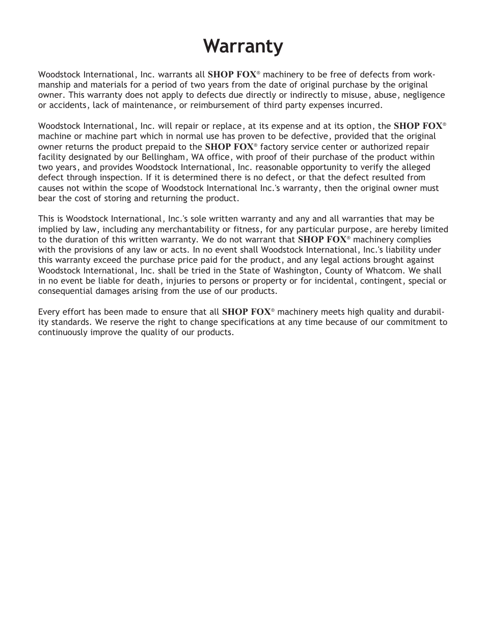 Warranty | Woodstock D3589 User Manual | Page 12 / 12