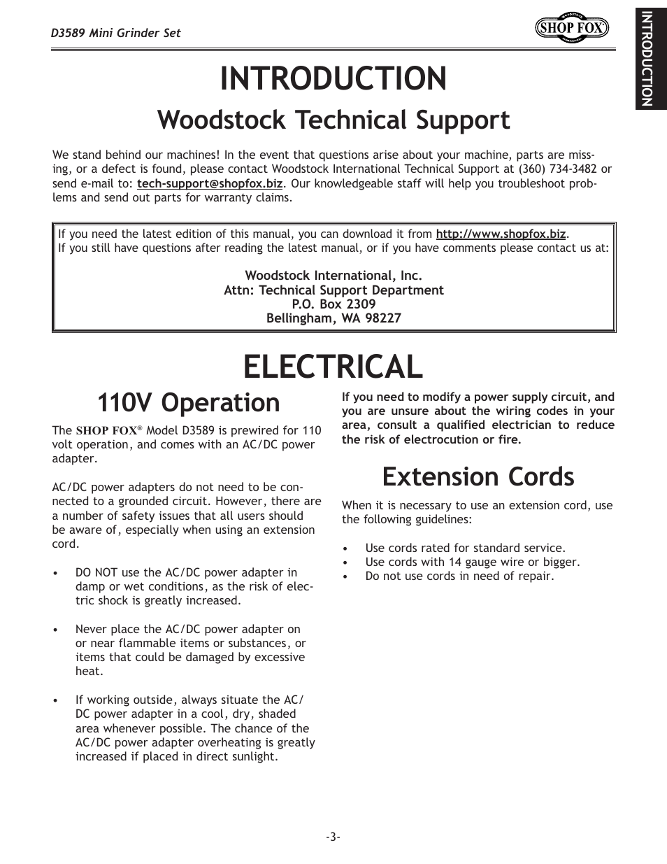 Introduction electrical, Woodstock technical support, Extension cords 110v operation | Woodstock D3589 User Manual | Page 3 / 12