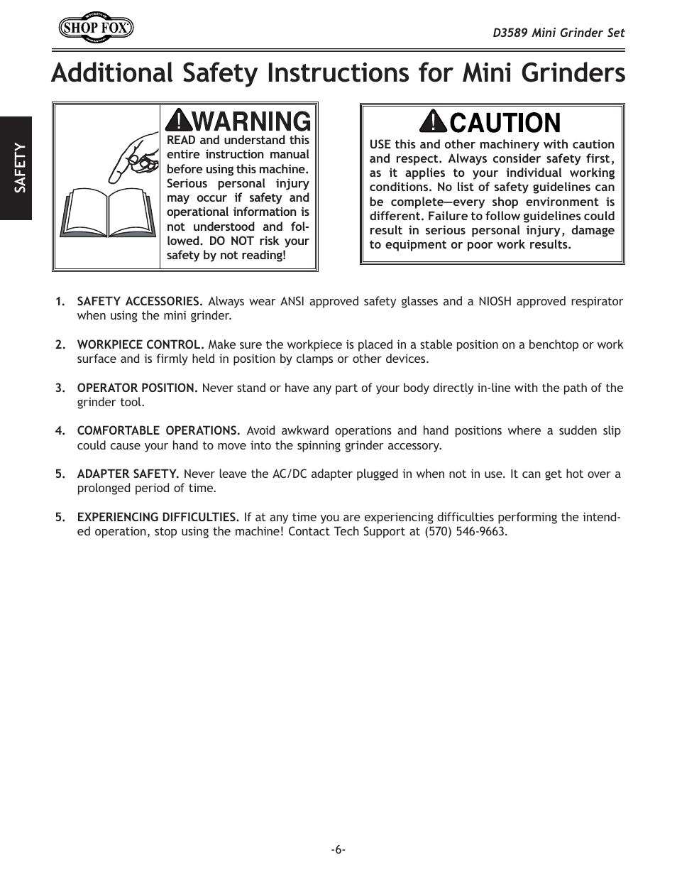 Additional safety instructions for mini grinders | Woodstock D3589 User Manual | Page 6 / 12