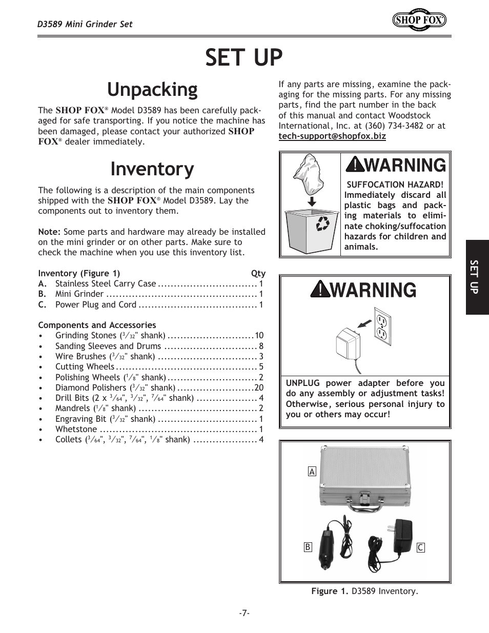 Set up, Unpacking, Inventory | Se t u p | Woodstock D3589 User Manual | Page 7 / 12