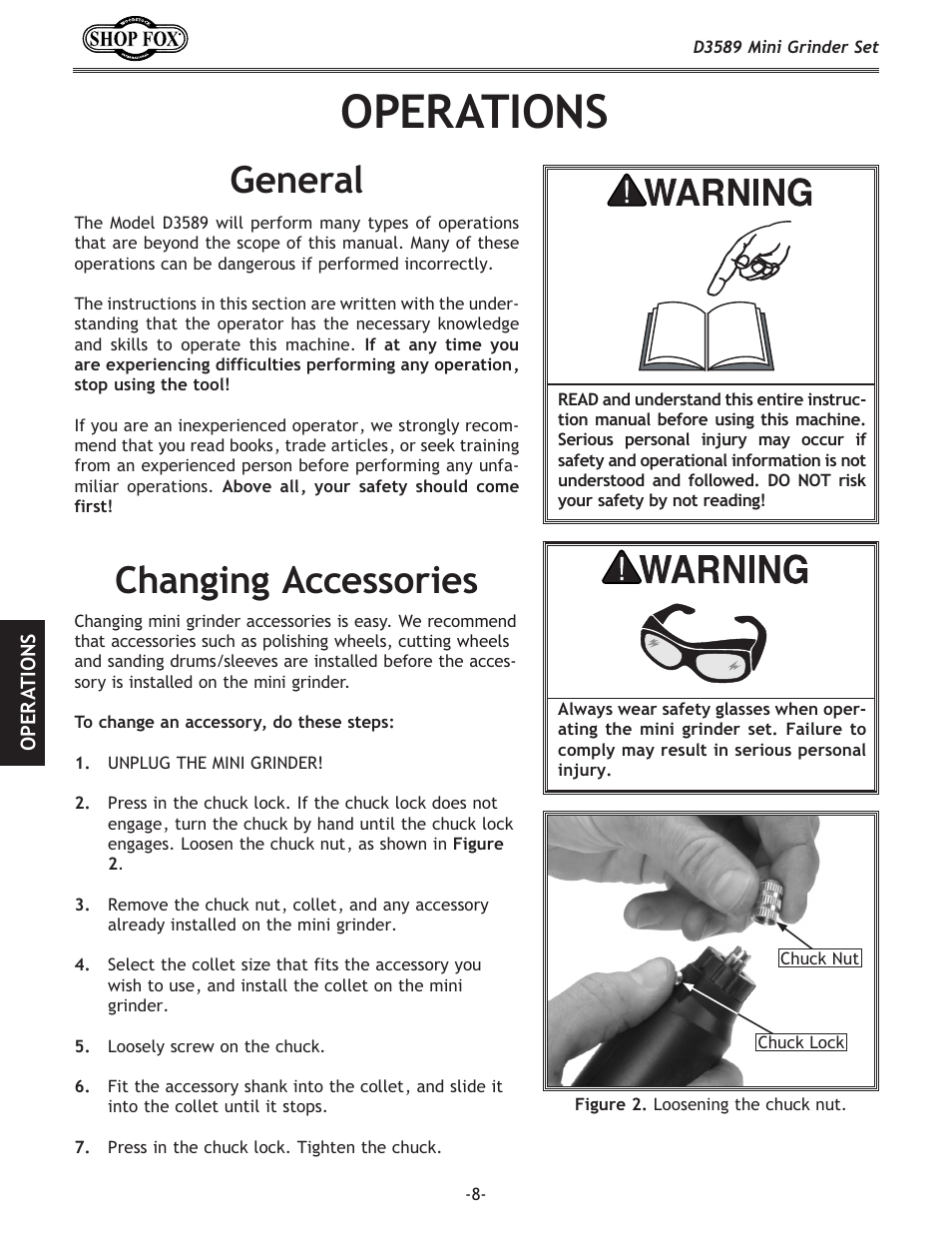 Operations, General, Changing accessories | Woodstock D3589 User Manual | Page 8 / 12