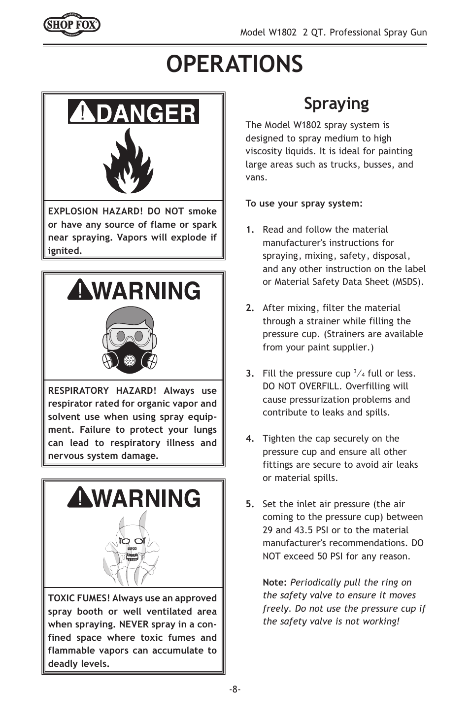 Operations, Spraying | Woodstock 2 QT PROFESSIONAL W1802 User Manual | Page 10 / 24