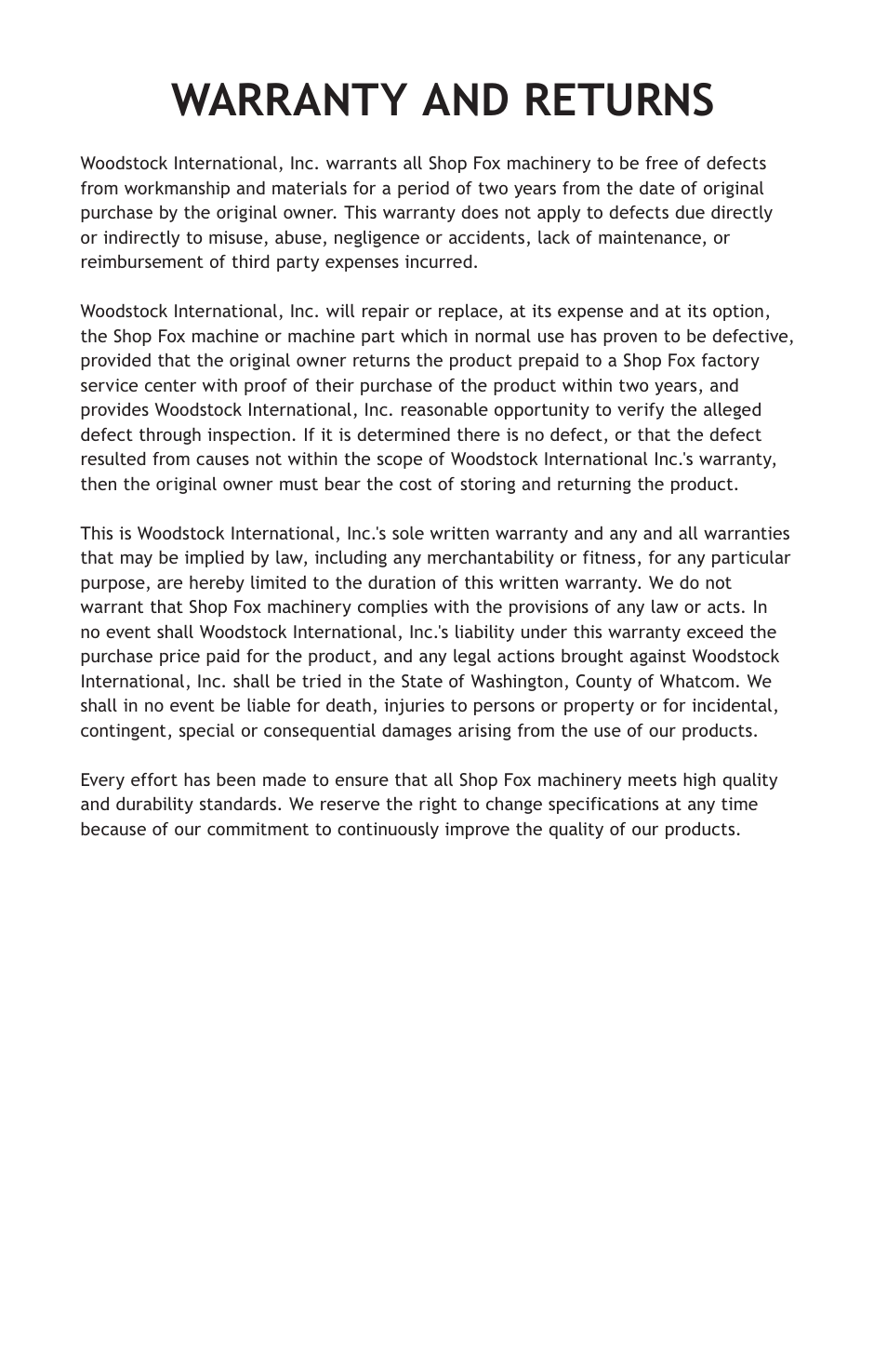 Warranty and returns | Woodstock 2 QT PROFESSIONAL W1802 User Manual | Page 22 / 24