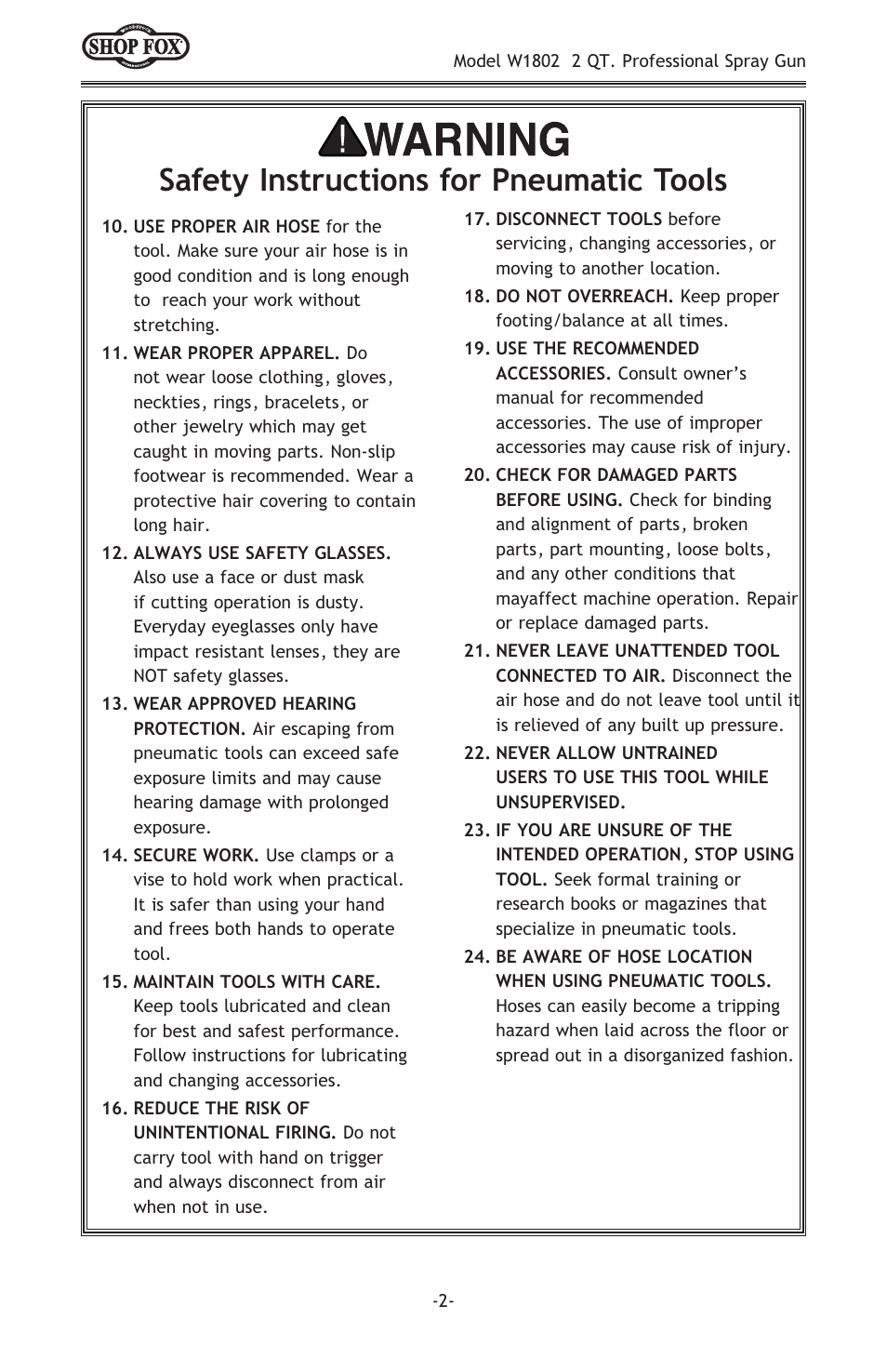 Safety instructions for pneumatic tools | Woodstock 2 QT PROFESSIONAL W1802 User Manual | Page 4 / 24