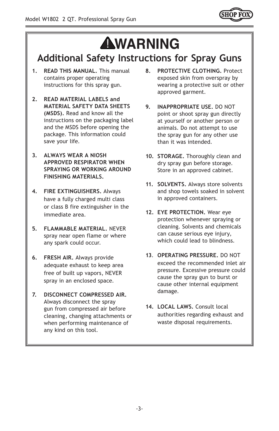 Additional safety instructions for spray guns | Woodstock 2 QT PROFESSIONAL W1802 User Manual | Page 5 / 24