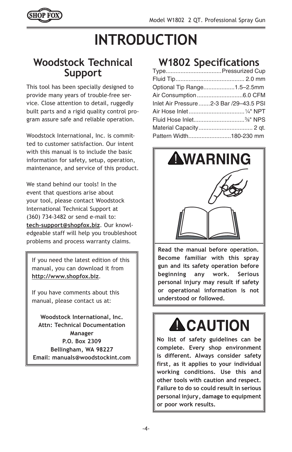 Introduction, Woodstock technical support w1802 specifications | Woodstock 2 QT PROFESSIONAL W1802 User Manual | Page 6 / 24