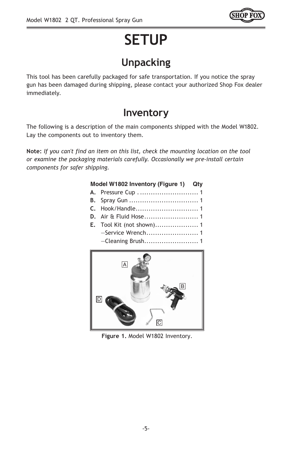 Setup, Inventory, Unpacking | Woodstock 2 QT PROFESSIONAL W1802 User Manual | Page 7 / 24
