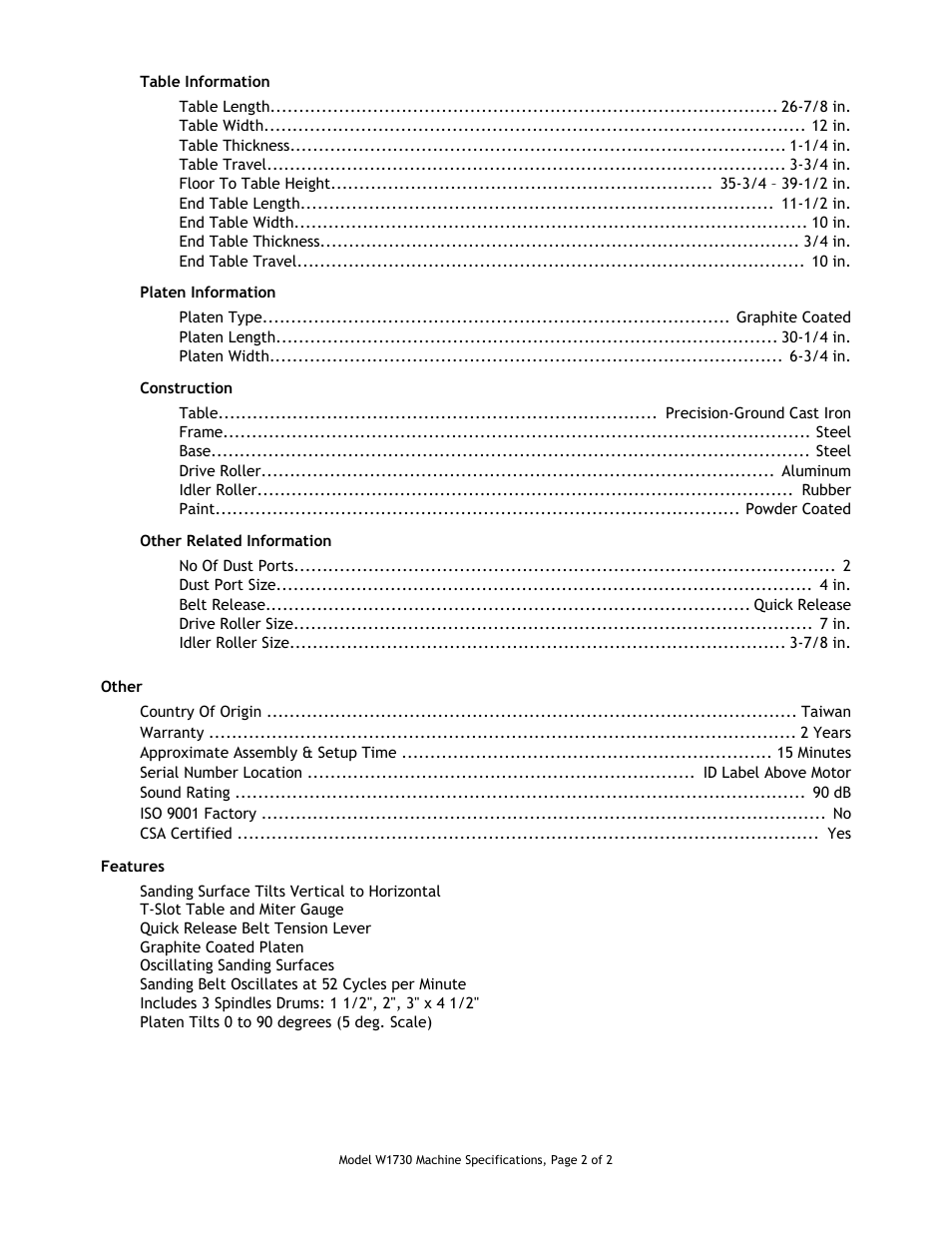 Other specifications, Features | Woodstock W1730 User Manual | Page 2 / 2