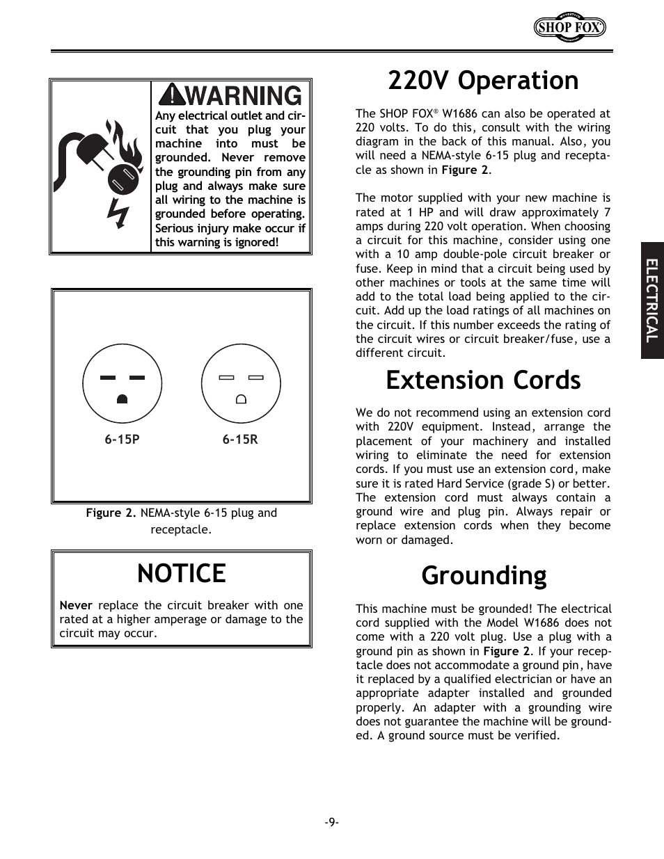 Extension cords, Grounding, 220v operation | Notice | Woodstock SHOP FOX W1686 User Manual | Page 11 / 38