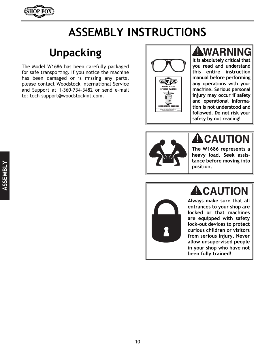 Assembly instructions, Unpacking, Assembly | Woodstock SHOP FOX W1686 User Manual | Page 12 / 38