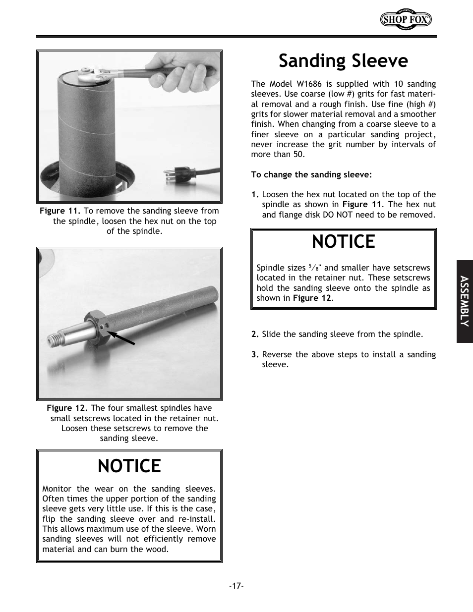 Sanding sleeve, Notice | Woodstock SHOP FOX W1686 User Manual | Page 19 / 38