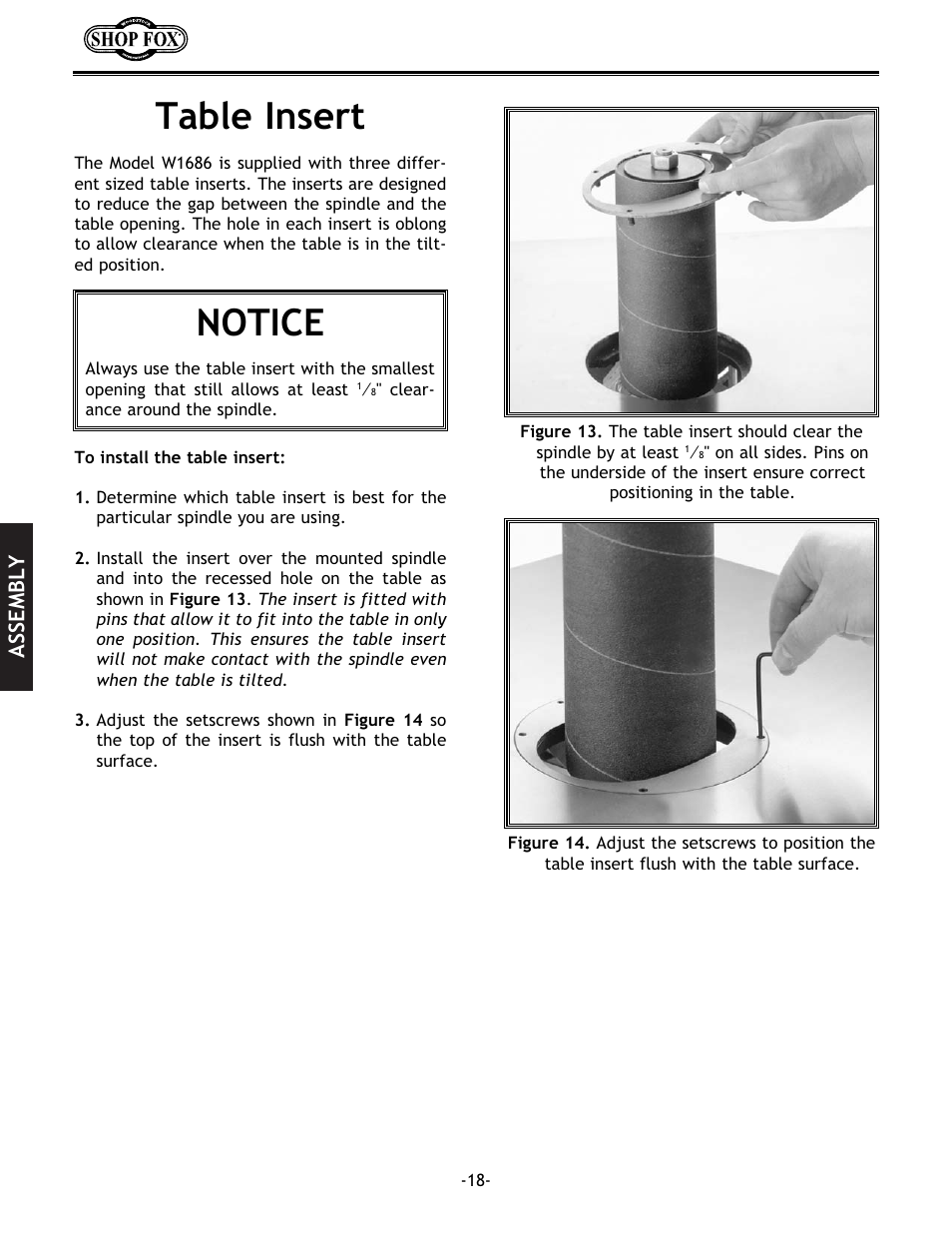 Table insert, Notice, Assembly | Woodstock SHOP FOX W1686 User Manual | Page 20 / 38