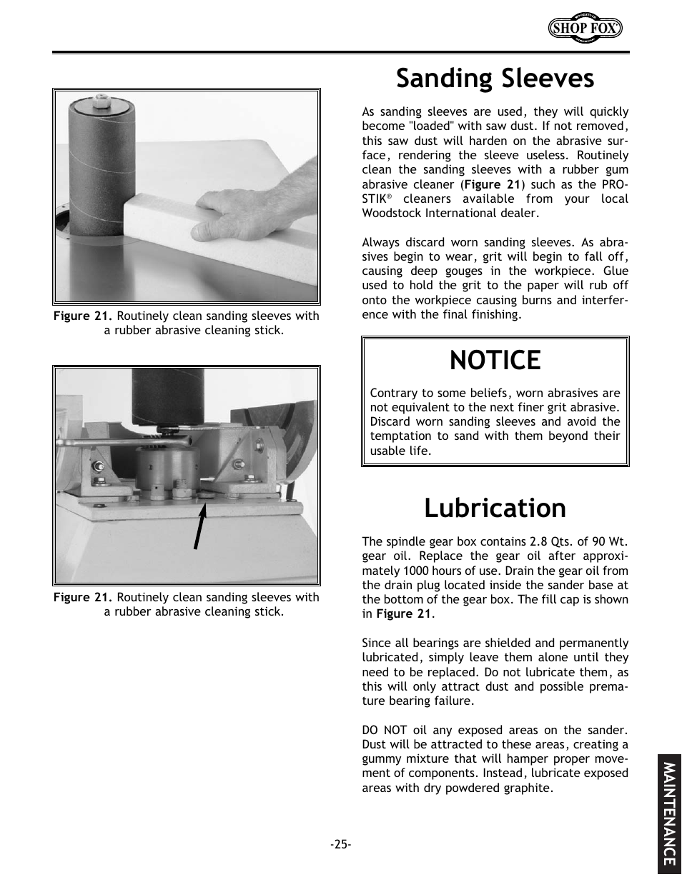 Sanding sleeves, Notice, Lubrication | Woodstock SHOP FOX W1686 User Manual | Page 27 / 38