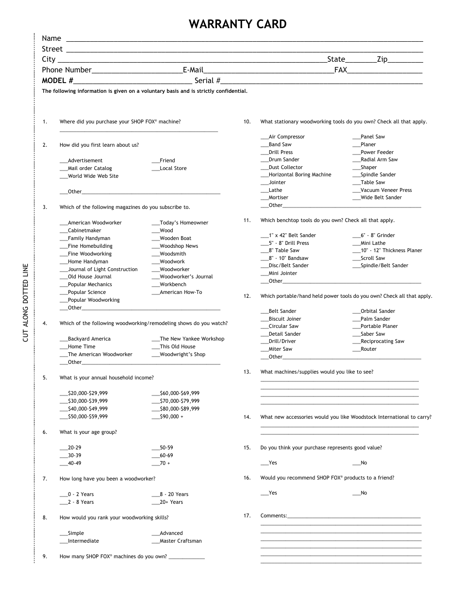 Warranty card, Cut along dotted line | Woodstock SHOP FOX W1686 User Manual | Page 37 / 38