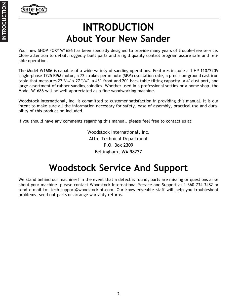 Introduction, About your new sander, Woodstock service and support | Woodstock SHOP FOX W1686 User Manual | Page 4 / 38